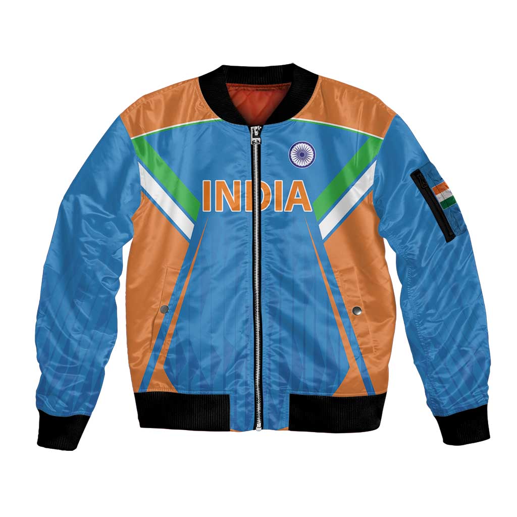 Custom India Cricket Sleeve Zip Bomber Jacket Let’s Go Champions Men in Blue