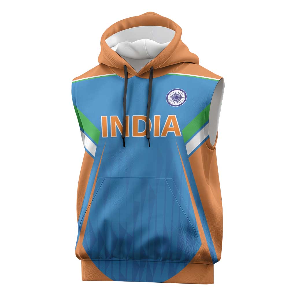 Custom India Cricket Sleeveless Hoodie Let’s Go Champions Men in Blue
