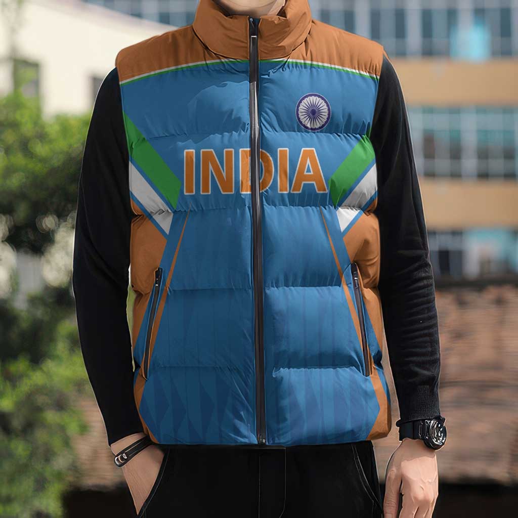 Custom India Cricket Sleeveless Puffer Jacket Let’s Go Champions Men in Blue