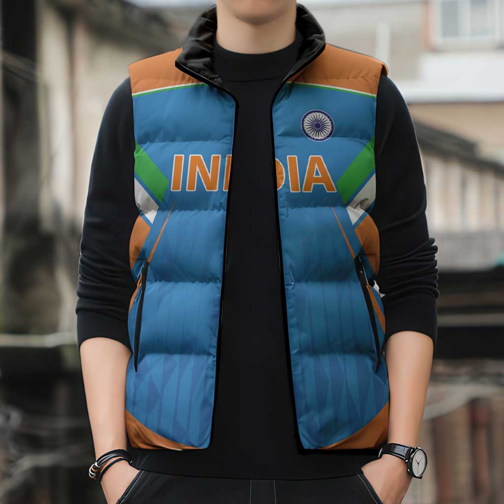 Custom India Cricket Sleeveless Puffer Jacket Let’s Go Champions Men in Blue