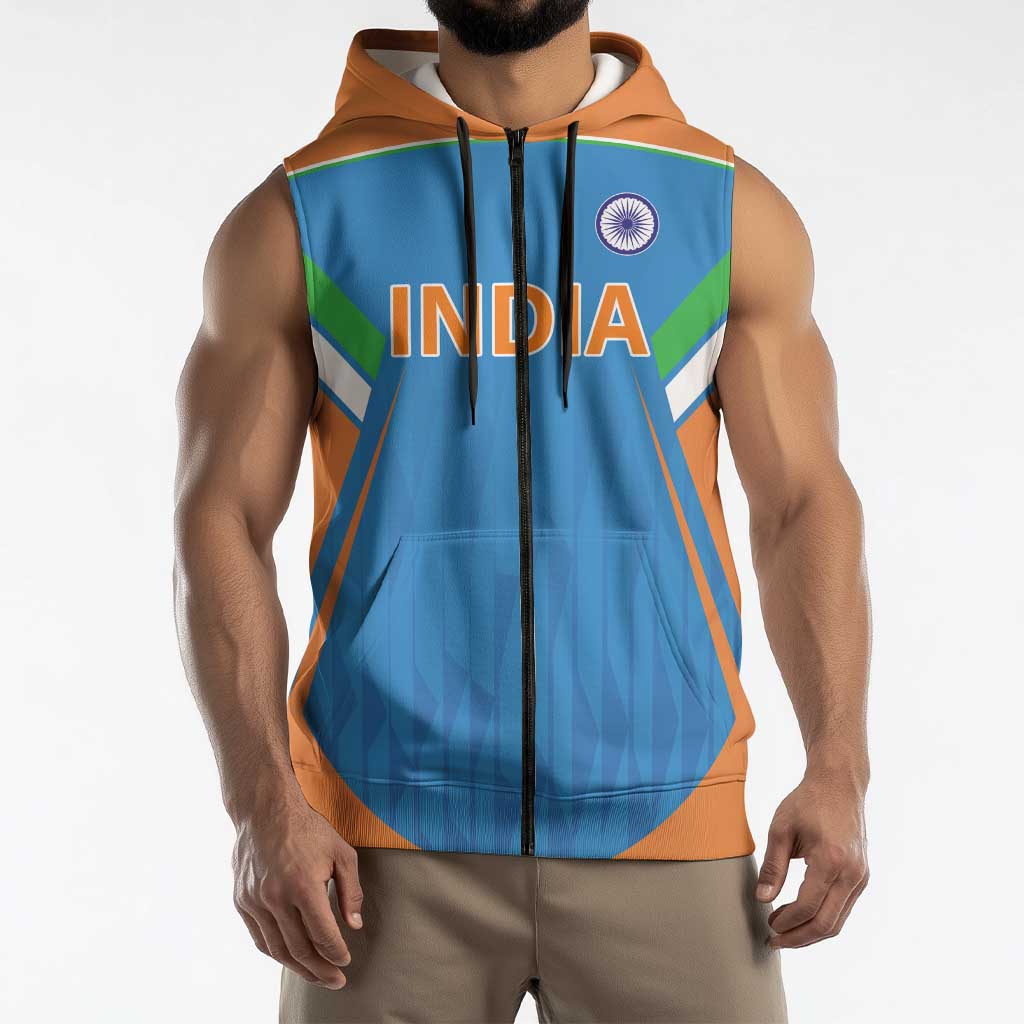 Custom India Cricket Sleeveless Zip Hoodie Let’s Go Champions Men in Blue