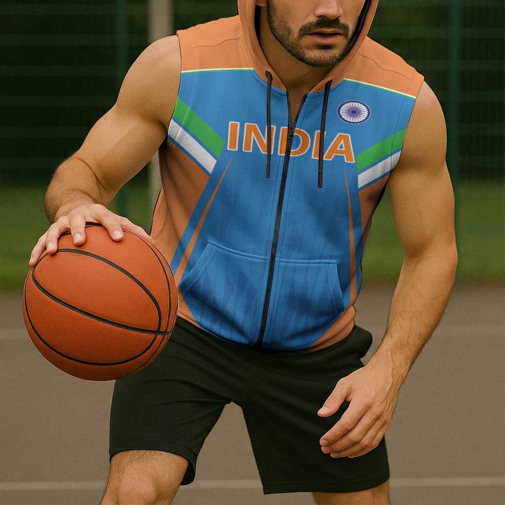 Custom India Cricket Sleeveless Zip Hoodie Let’s Go Champions Men in Blue