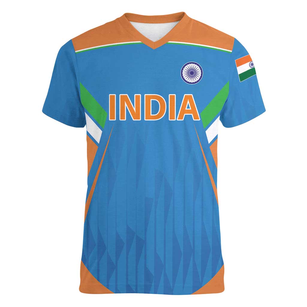 Custom India Cricket Women V-Neck T-Shirt Let’s Go Champions Men in Blue