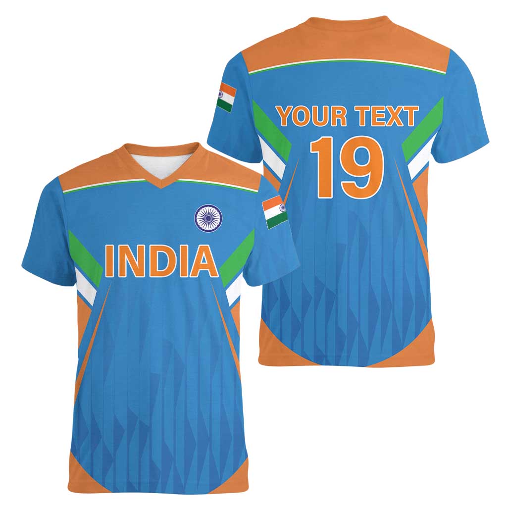 Custom India Cricket Women V-Neck T-Shirt Let’s Go Champions Men in Blue