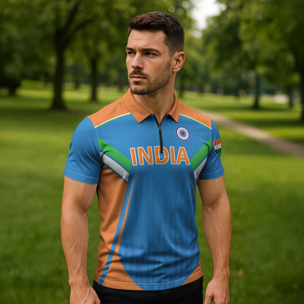 Custom India Cricket Zipper Polo Shirt Let’s Go Champions Men in Blue