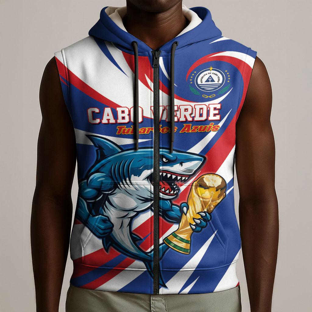 Custom World Football 2026 Cabo Verde Sleeveless Zip Hoodie Blue Shark Champions Trophy