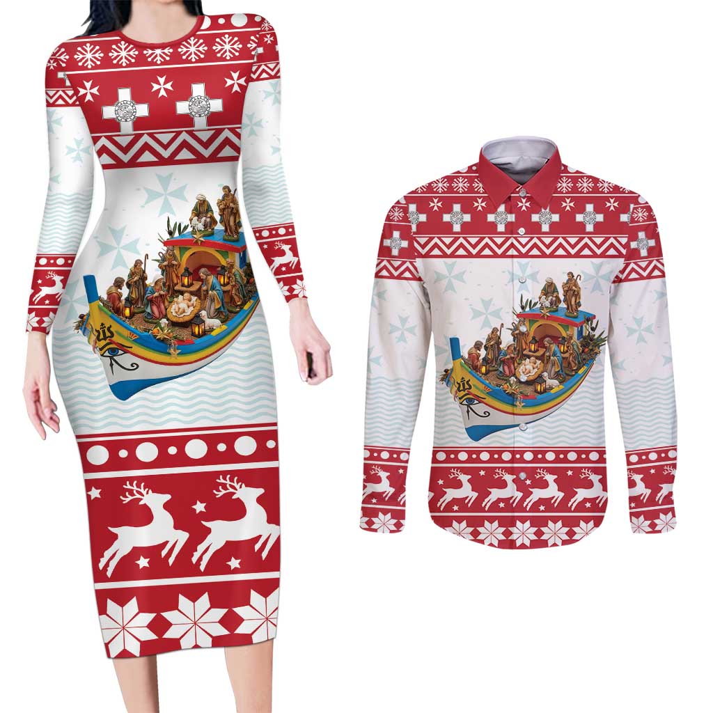 Malta Christmas Couples Matching Long Sleeve Bodycon Dress and Long Sleeve Button Shirt Presepju Nativity Scene on Luzzu Boat - Wonder Print Shop