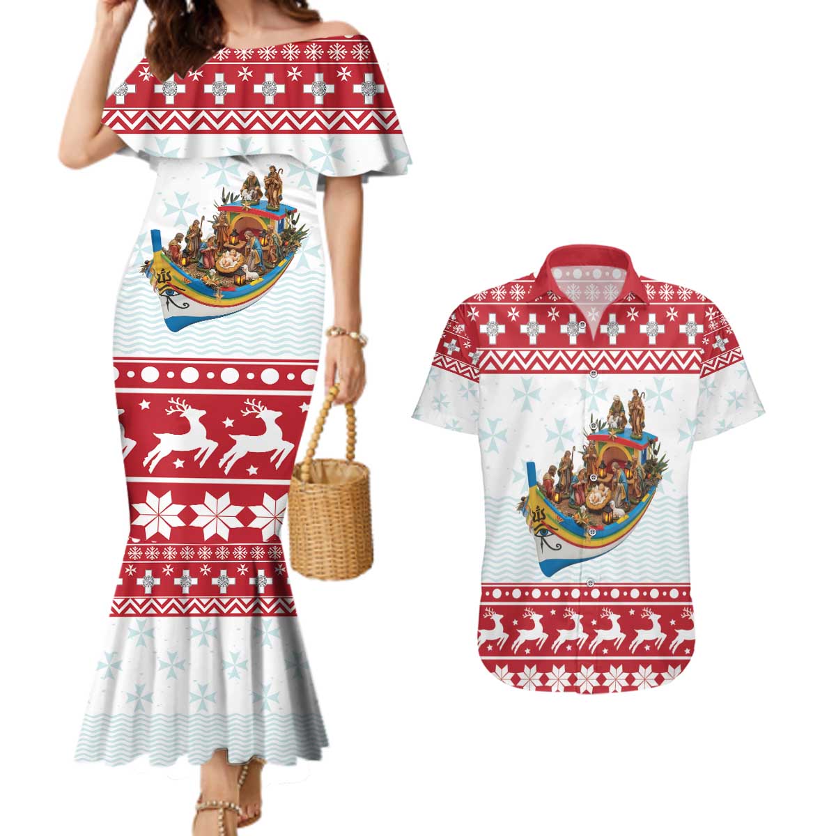 Malta Christmas Couples Matching Mermaid Dress and Hawaiian Shirt Presepju Nativity Scene on Luzzu Boat - Wonder Print Shop