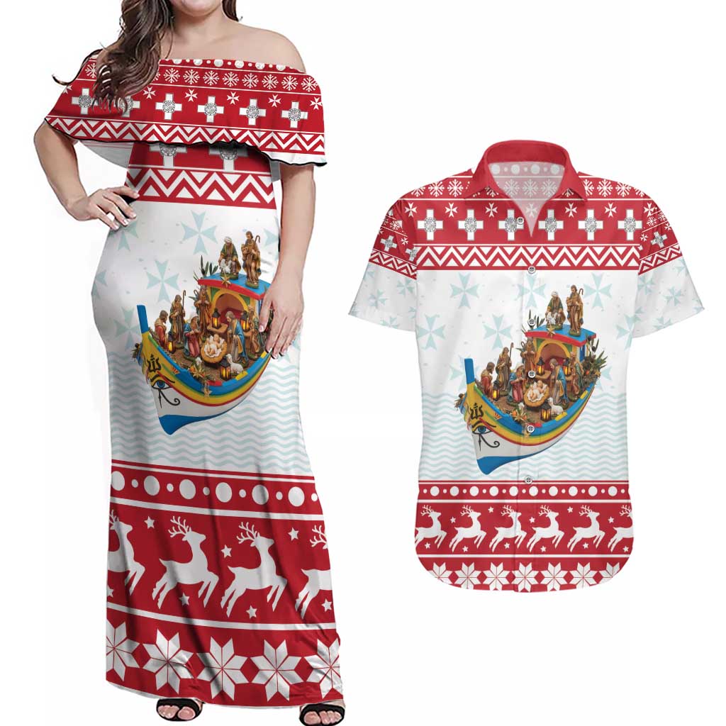 Malta Christmas Couples Matching Off Shoulder Maxi Dress and Hawaiian Shirt Presepju Nativity Scene on Luzzu Boat - Wonder Print Shop