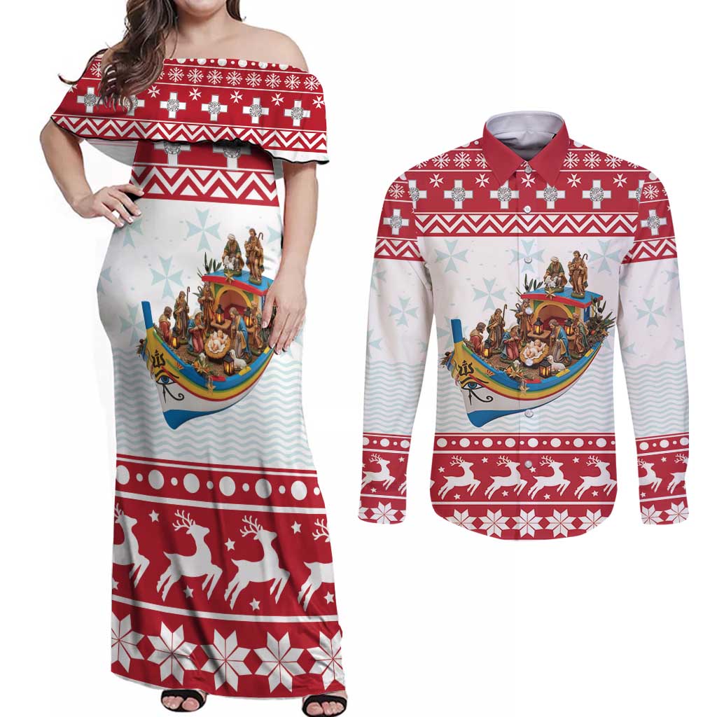 Malta Christmas Couples Matching Off Shoulder Maxi Dress and Long Sleeve Button Shirt Presepju Nativity Scene on Luzzu Boat - Wonder Print Shop