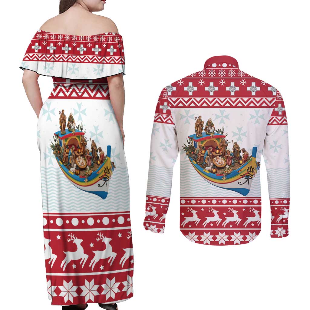 Malta Christmas Couples Matching Off Shoulder Maxi Dress and Long Sleeve Button Shirt Presepju Nativity Scene on Luzzu Boat - Wonder Print Shop