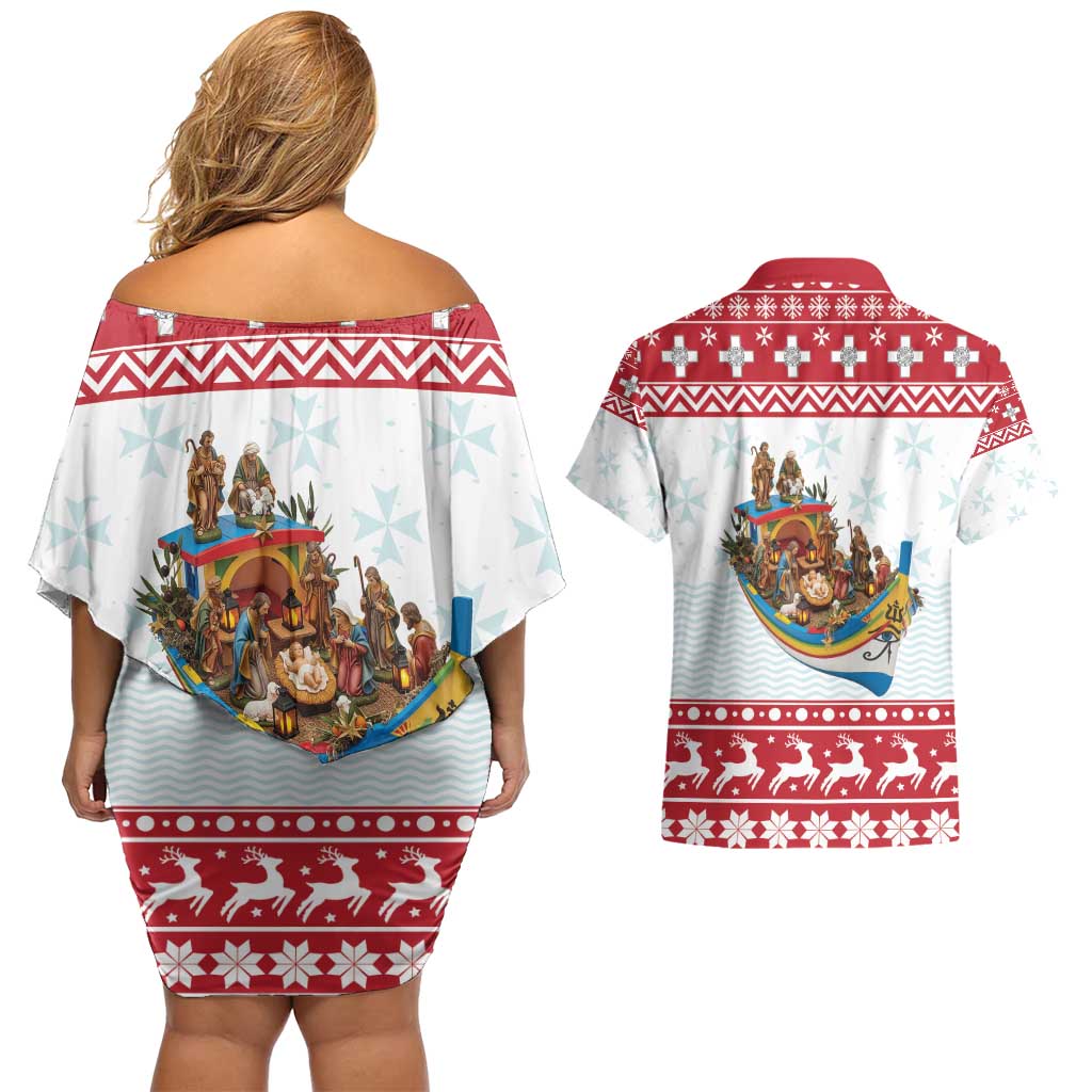Malta Christmas Couples Matching Off Shoulder Short Dress and Hawaiian Shirt Presepju Nativity Scene on Luzzu Boat - Wonder Print Shop