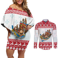 Malta Christmas Couples Matching Off Shoulder Short Dress and Long Sleeve Button Shirt Presepju Nativity Scene on Luzzu Boat - Wonder Print Shop