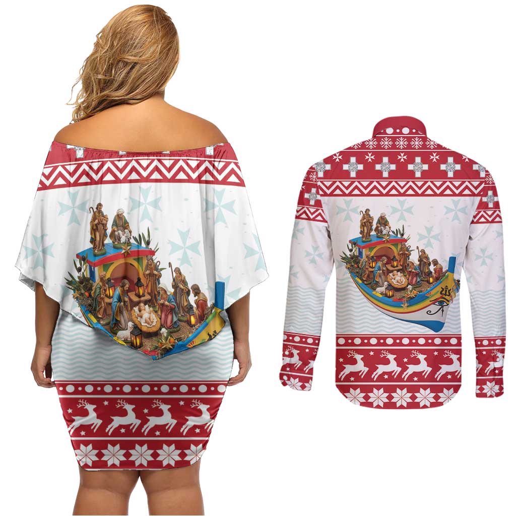 Malta Christmas Couples Matching Off Shoulder Short Dress and Long Sleeve Button Shirt Presepju Nativity Scene on Luzzu Boat - Wonder Print Shop