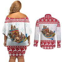 Malta Christmas Couples Matching Off Shoulder Short Dress and Long Sleeve Button Shirt Presepju Nativity Scene on Luzzu Boat - Wonder Print Shop