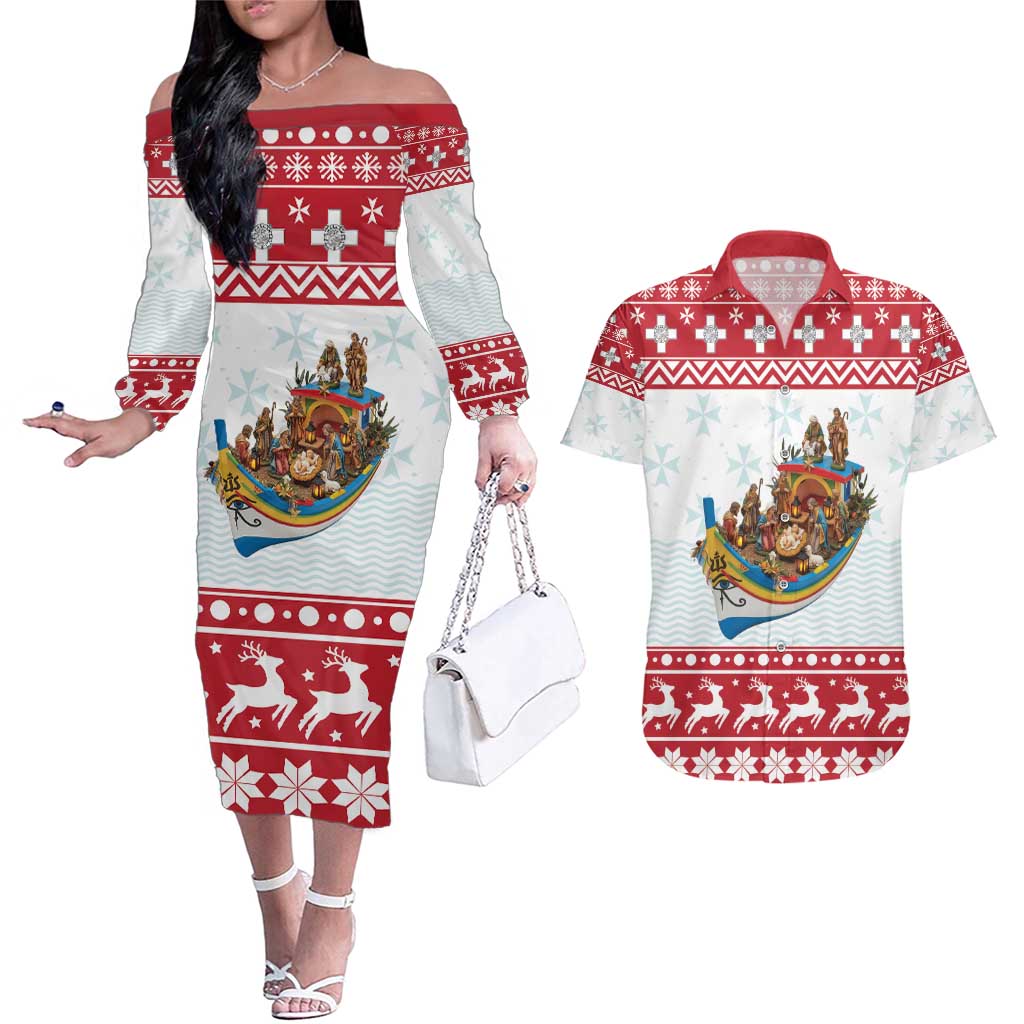 Malta Christmas Couples Matching Off The Shoulder Long Sleeve Dress and Hawaiian Shirt Presepju Nativity Scene on Luzzu Boat - Wonder Print Shop