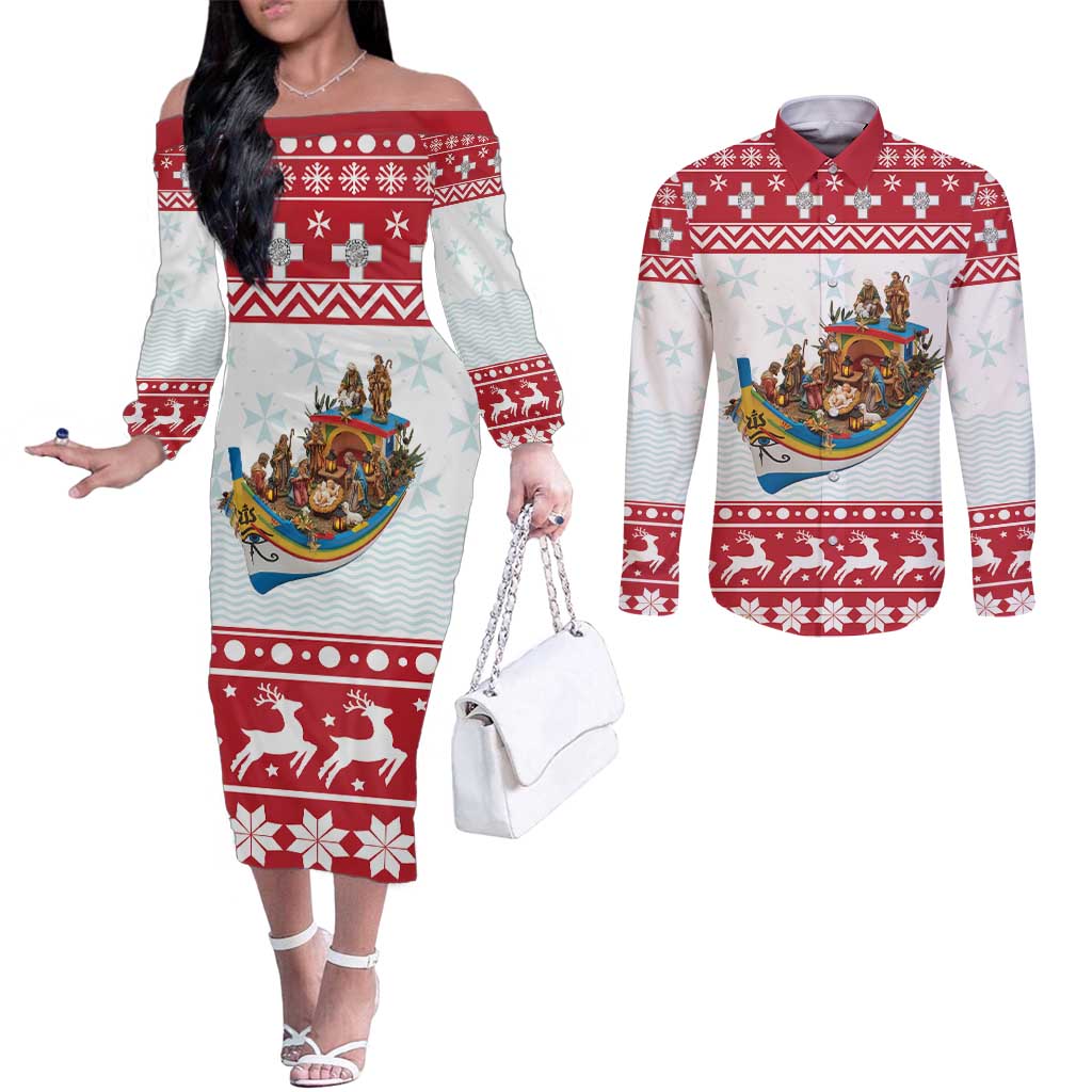 Malta Christmas Couples Matching Off The Shoulder Long Sleeve Dress and Long Sleeve Button Shirt Presepju Nativity Scene on Luzzu Boat - Wonder Print Shop
