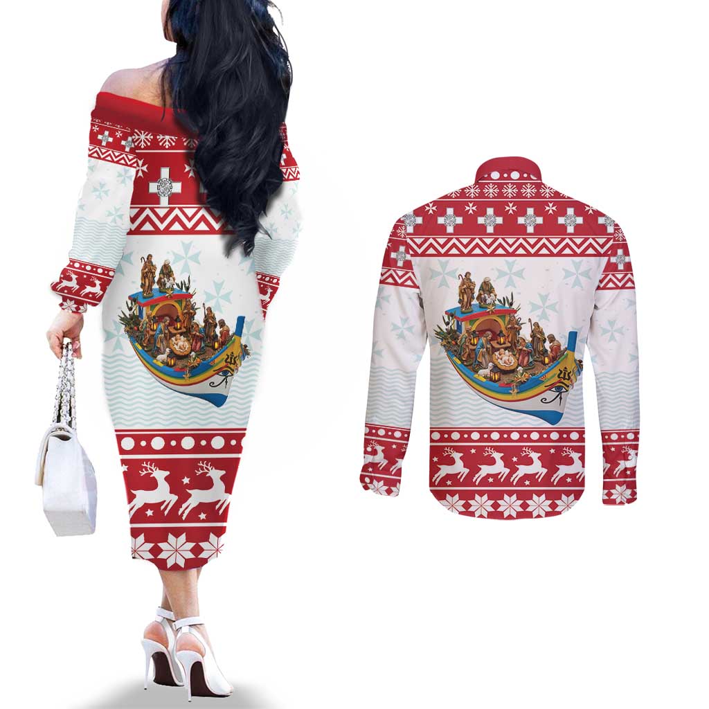 Malta Christmas Couples Matching Off The Shoulder Long Sleeve Dress and Long Sleeve Button Shirt Presepju Nativity Scene on Luzzu Boat - Wonder Print Shop