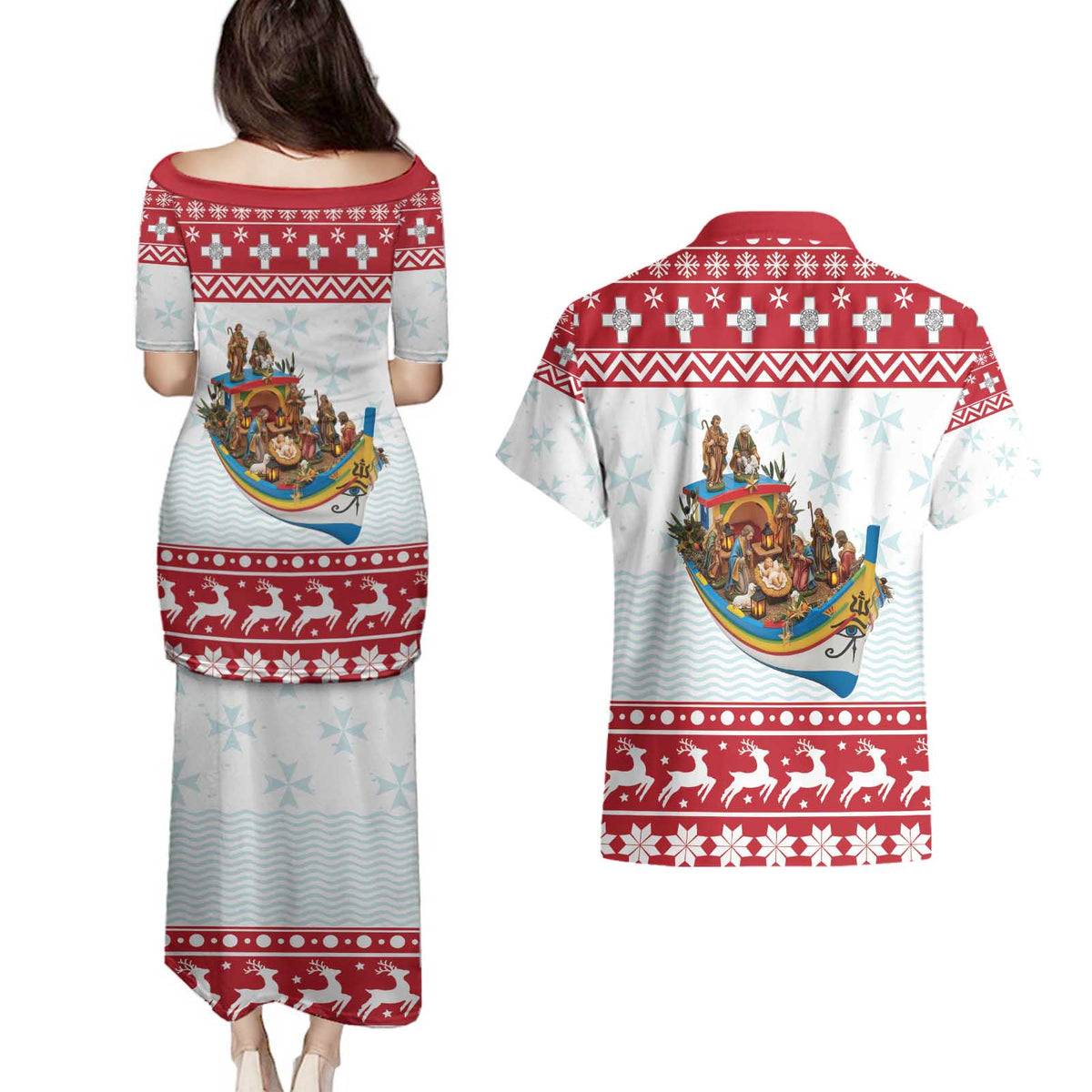 Malta Christmas Couples Matching Puletasi and Hawaiian Shirt Presepju Nativity Scene on Luzzu Boat - Wonder Print Shop
