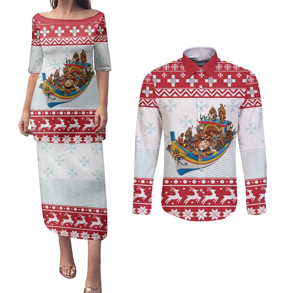 Malta Christmas Couples Matching Puletasi and Long Sleeve Button Shirt Presepju Nativity Scene on Luzzu Boat - Wonder Print Shop