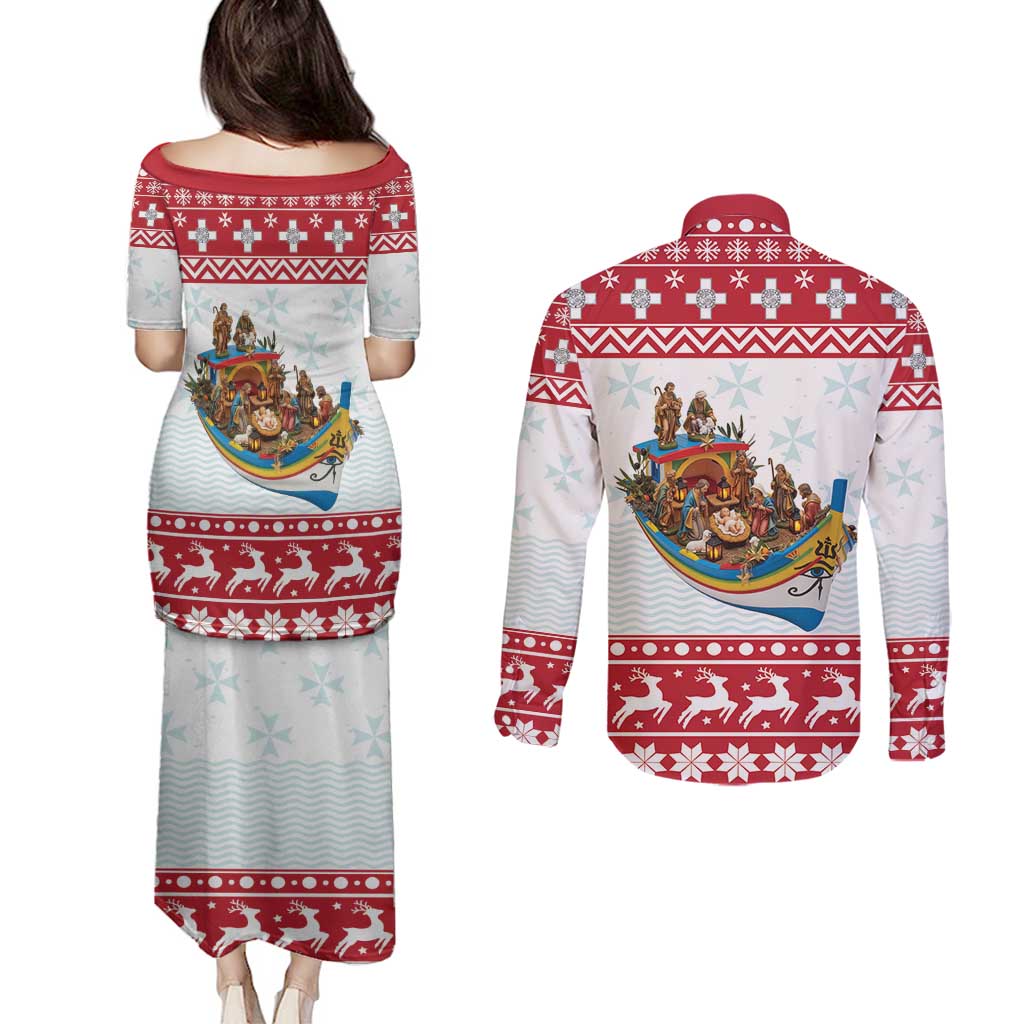 Malta Christmas Couples Matching Puletasi and Long Sleeve Button Shirt Presepju Nativity Scene on Luzzu Boat - Wonder Print Shop