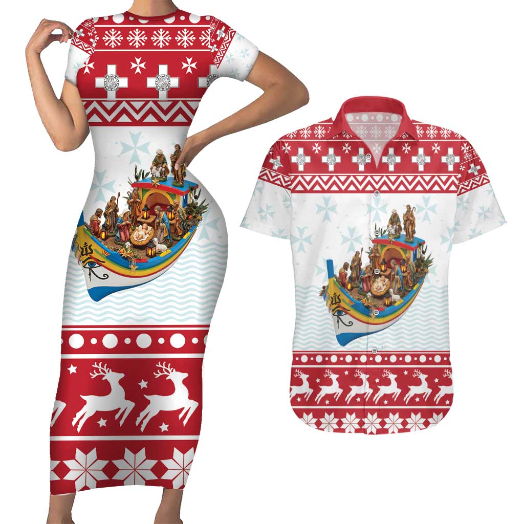 Malta Christmas Couples Matching Short Sleeve Bodycon Dress and Hawaiian Shirt Presepju Nativity Scene on Luzzu Boat - Wonder Print Shop
