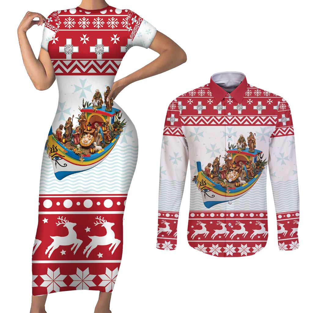Malta Christmas Couples Matching Short Sleeve Bodycon Dress and Long Sleeve Button Shirt Presepju Nativity Scene on Luzzu Boat - Wonder Print Shop