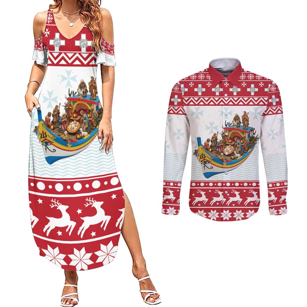 Malta Christmas Couples Matching Summer Maxi Dress and Long Sleeve Button Shirt Presepju Nativity Scene on Luzzu Boat - Wonder Print Shop