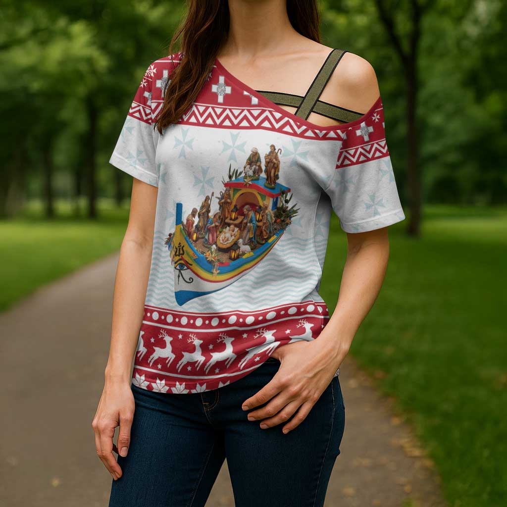 Malta Christmas Cross Shoulder Shirt Presepju Nativity Scene on Luzzu Boat - Wonder Print Shop