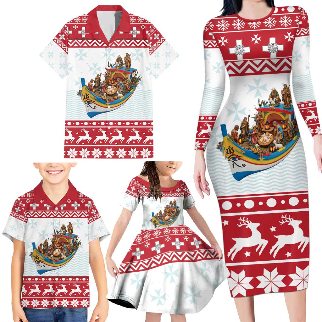 Malta Christmas Family Matching Long Sleeve Bodycon Dress and Hawaiian Shirt Presepju Nativity Scene on Luzzu Boat - Wonder Print Shop