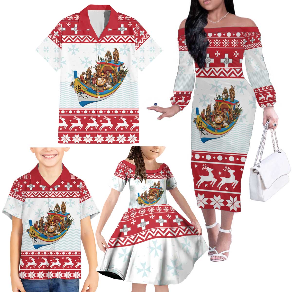 Malta Christmas Family Matching Off The Shoulder Long Sleeve Dress and Hawaiian Shirt Presepju Nativity Scene on Luzzu Boat - Wonder Print Shop
