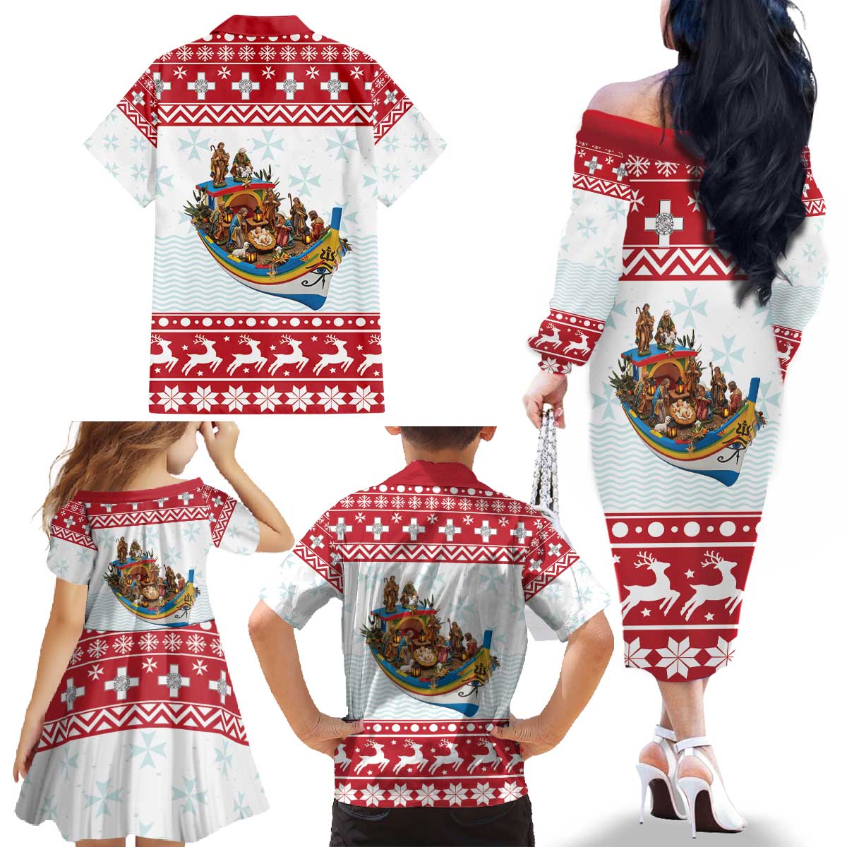 Malta Christmas Family Matching Off The Shoulder Long Sleeve Dress and Hawaiian Shirt Presepju Nativity Scene on Luzzu Boat - Wonder Print Shop