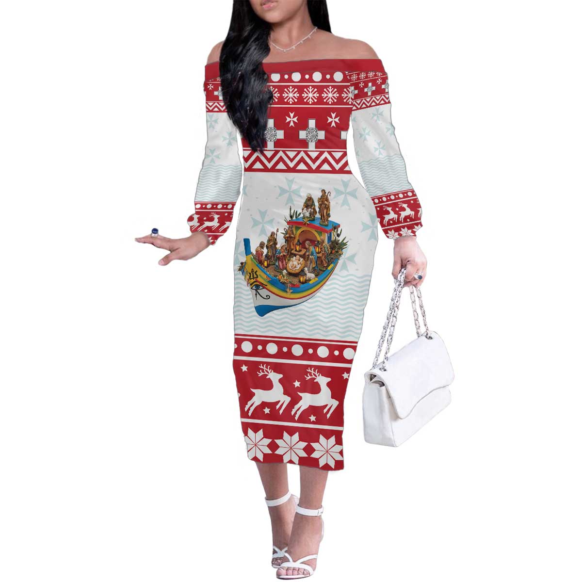 Malta Christmas Family Matching Off The Shoulder Long Sleeve Dress and Hawaiian Shirt Presepju Nativity Scene on Luzzu Boat - Wonder Print Shop