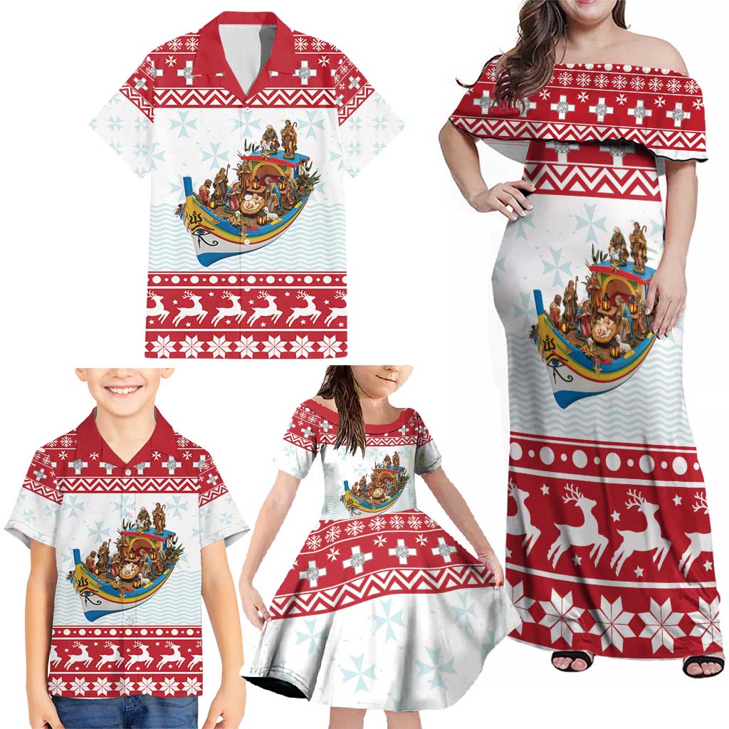 Malta Christmas Family Matching Off Shoulder Maxi Dress and Hawaiian Shirt Presepju Nativity Scene on Luzzu Boat - Wonder Print Shop