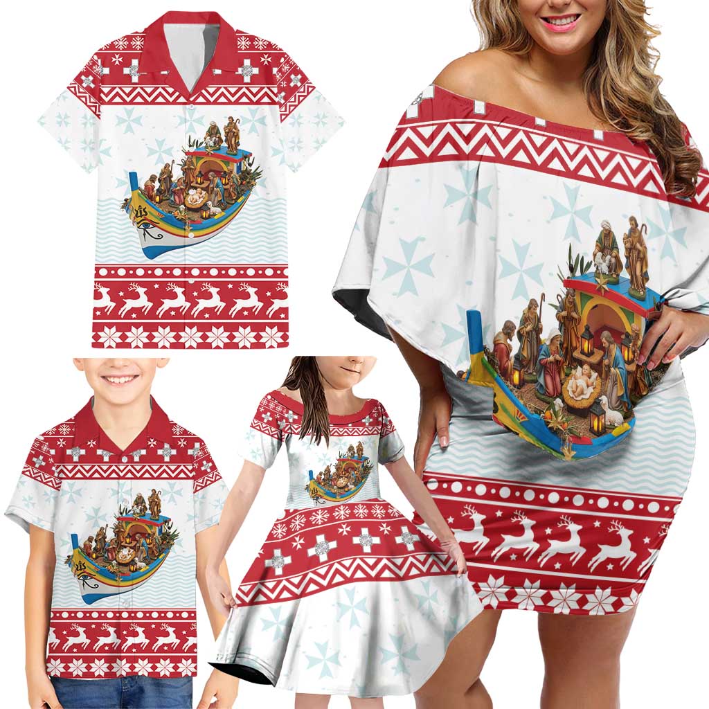 Malta Christmas Family Matching Off Shoulder Short Dress and Hawaiian Shirt Presepju Nativity Scene on Luzzu Boat - Wonder Print Shop