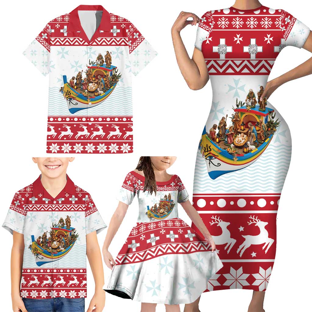 Malta Christmas Family Matching Short Sleeve Bodycon Dress and Hawaiian Shirt Presepju Nativity Scene on Luzzu Boat - Wonder Print Shop