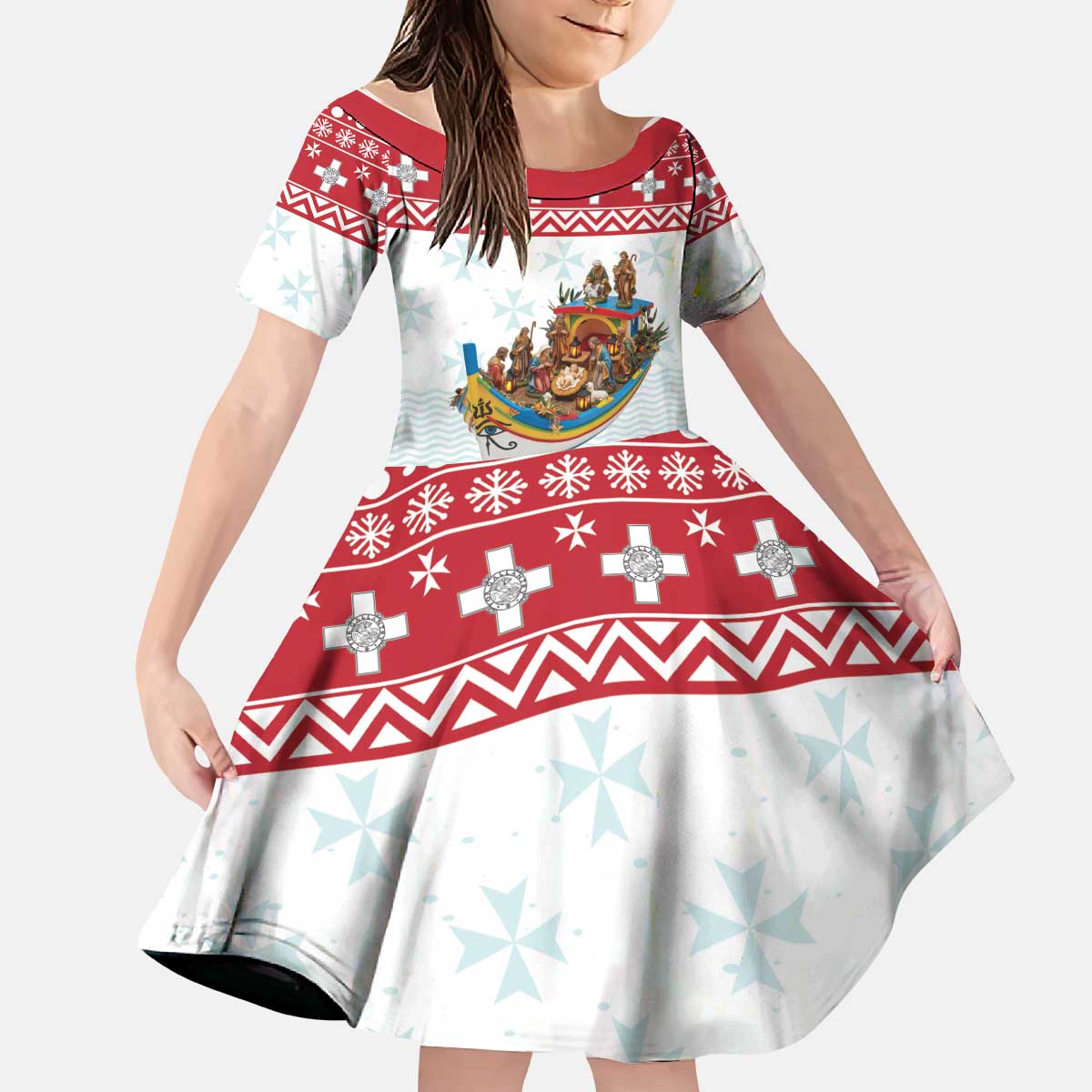 Malta Christmas Kid Short Sleeve Dress Presepju Nativity Scene on Luzzu Boat - Wonder Print Shop