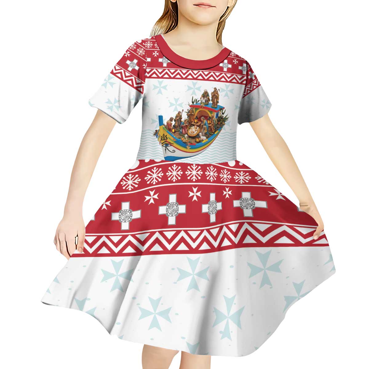 Malta Christmas Kid Short Sleeve Dress Presepju Nativity Scene on Luzzu Boat - Wonder Print Shop
