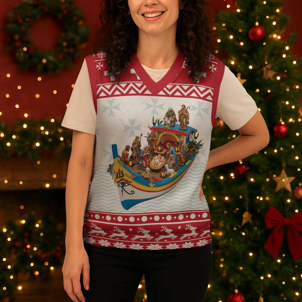 Malta Christmas Knitted V-Neck Vest Presepju Nativity Scene on Luzzu Boat - Wonder Print Shop