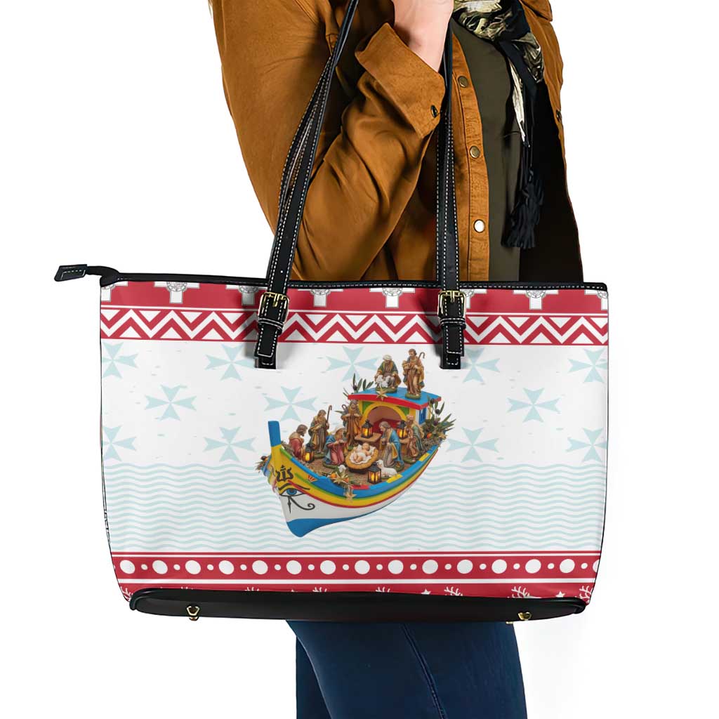 Malta Christmas Leather Tote Bag Presepju Nativity Scene on Luzzu Boat - Wonder Print Shop