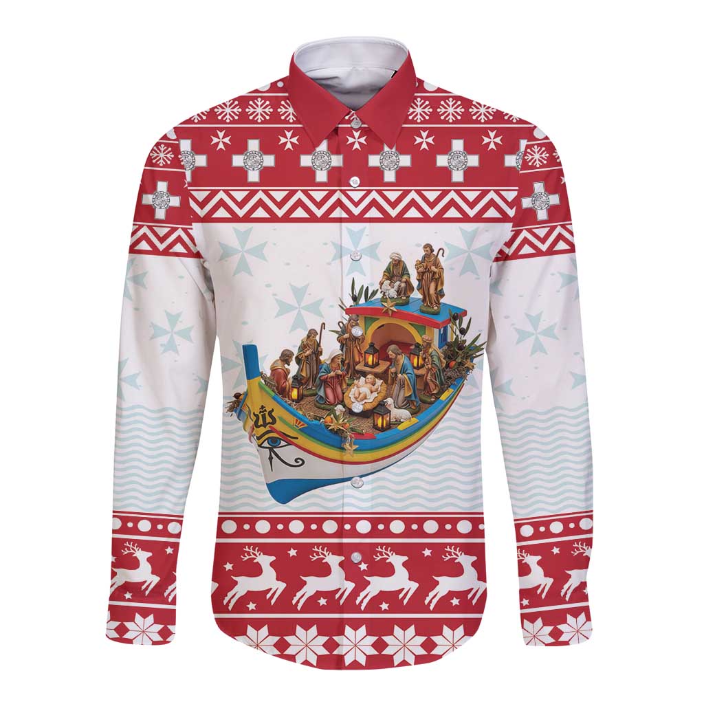 Malta Christmas Long Sleeve Button Shirt Presepju Nativity Scene on Luzzu Boat - Wonder Print Shop