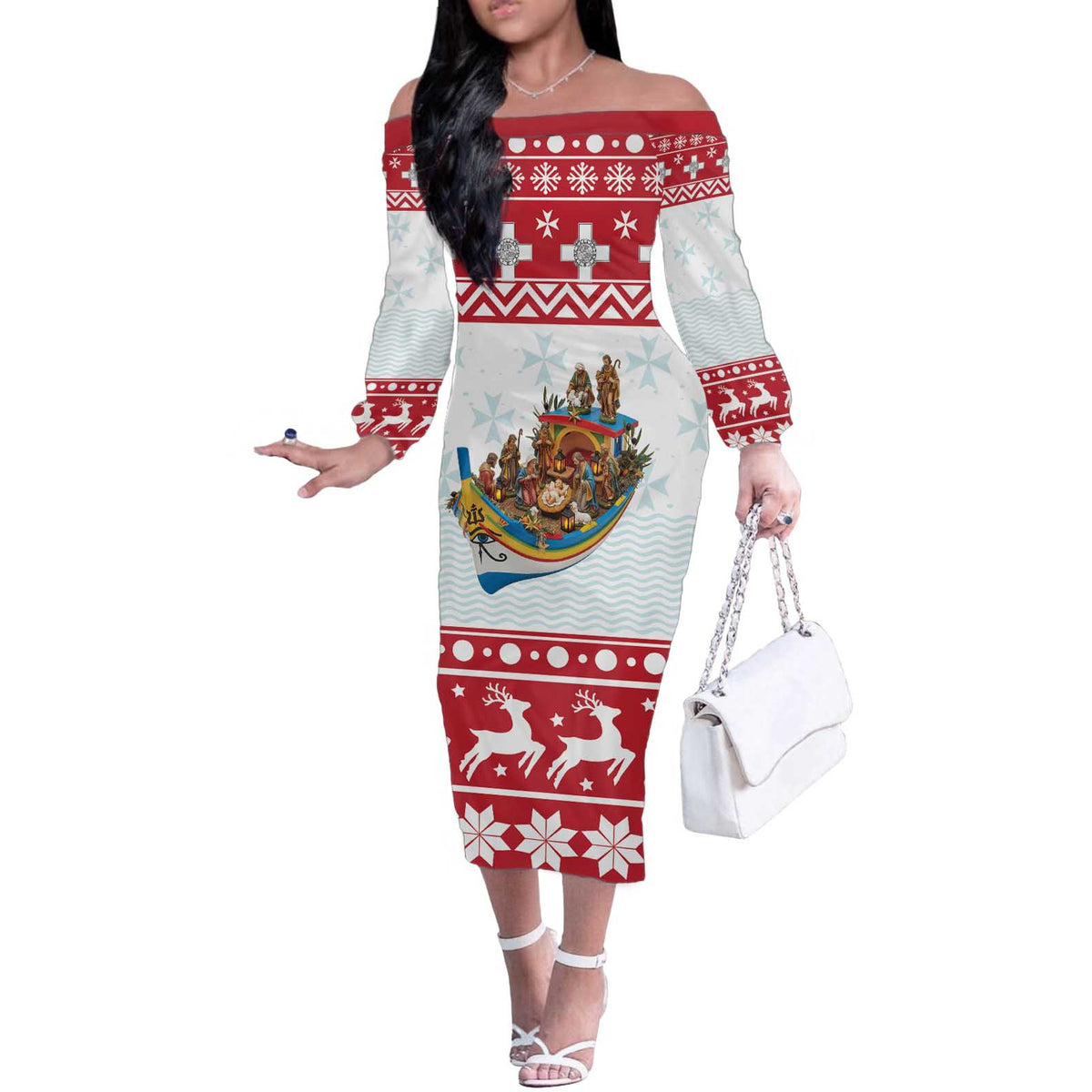 Malta Christmas Off The Shoulder Long Sleeve Dress Presepju Nativity Scene on Luzzu Boat - Wonder Print Shop