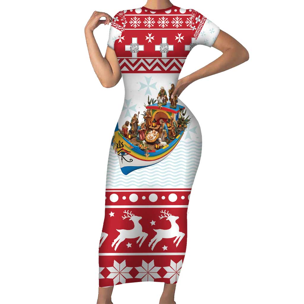 Malta Christmas Short Sleeve Bodycon Dress Presepju Nativity Scene on Luzzu Boat - Wonder Print Shop