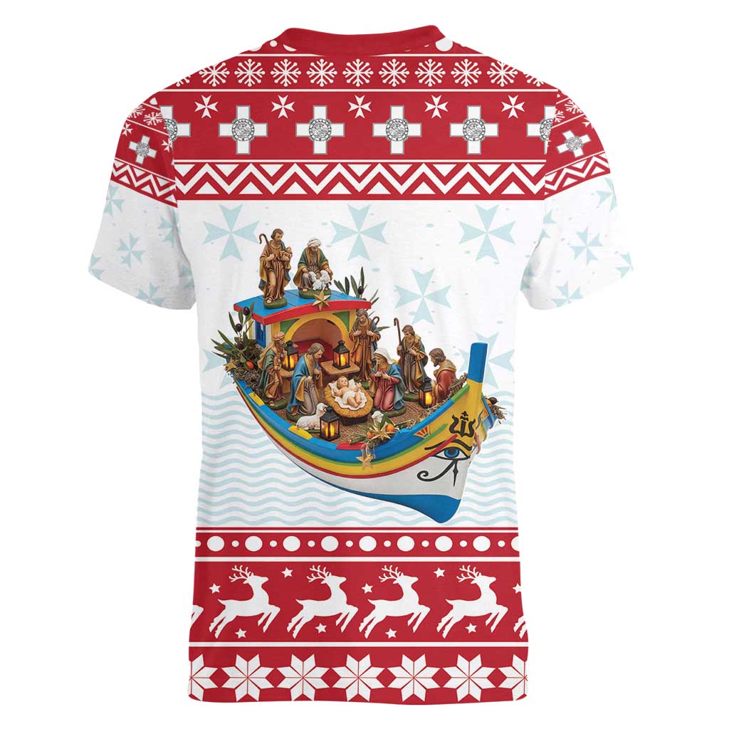 Malta Christmas Women V-Neck T-Shirt Presepju Nativity Scene on Luzzu Boat - Wonder Print Shop