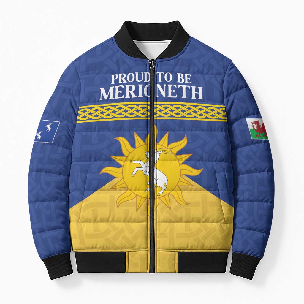 Personalized Merionethshire Wales Bomber Puffer Jacket Celtic Sun and Goat Design - Wonder Print Shop