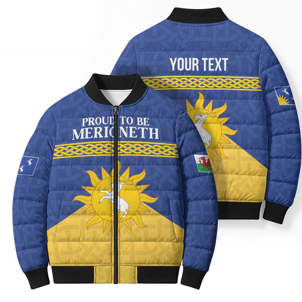 Personalized Merionethshire Wales Bomber Puffer Jacket Celtic Sun and Goat Design - Wonder Print Shop