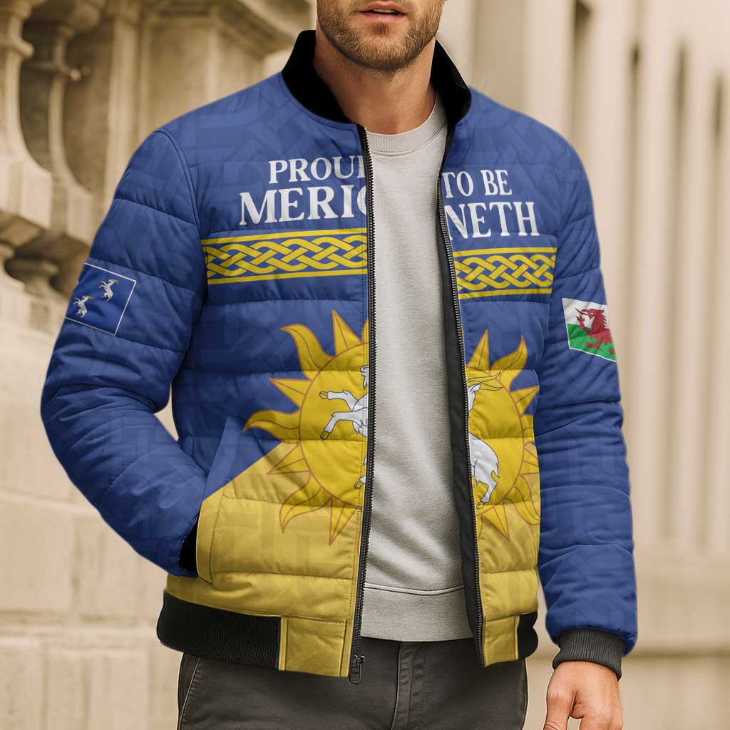 Personalized Merionethshire Wales Bomber Puffer Jacket Celtic Sun and Goat Design - Wonder Print Shop