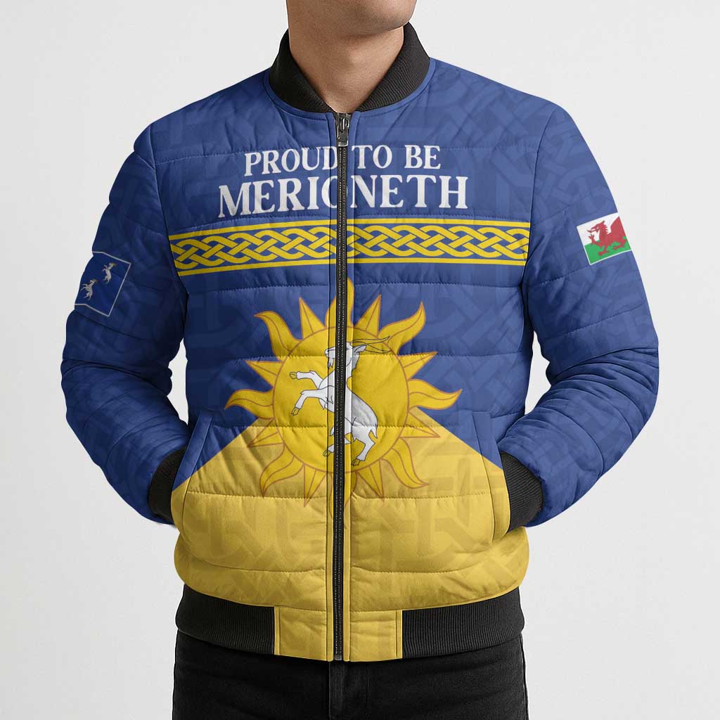 Personalized Merionethshire Wales Bomber Puffer Jacket Celtic Sun and Goat Design - Wonder Print Shop