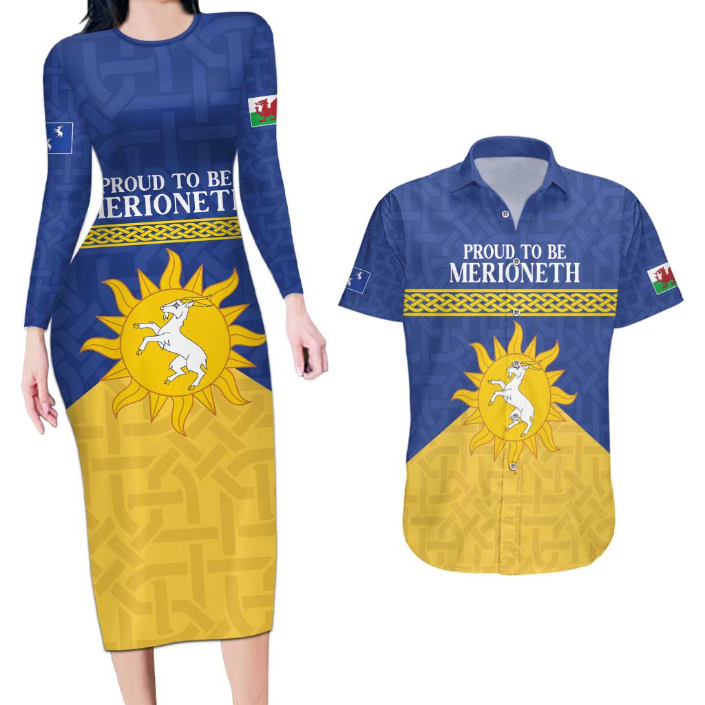 Personalized Merionethshire Wales Couples Matching Long Sleeve Bodycon Dress and Hawaiian Shirt Celtic Sun and Goat Design - Wonder Print Shop