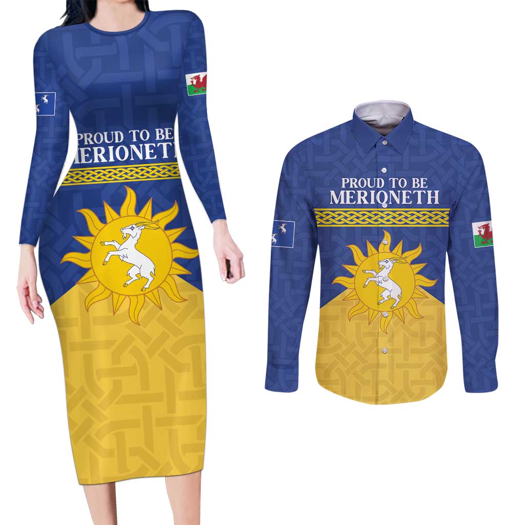 Personalized Merionethshire Wales Couples Matching Long Sleeve Bodycon Dress and Long Sleeve Button Shirt Celtic Sun and Goat Design - Wonder Print Shop